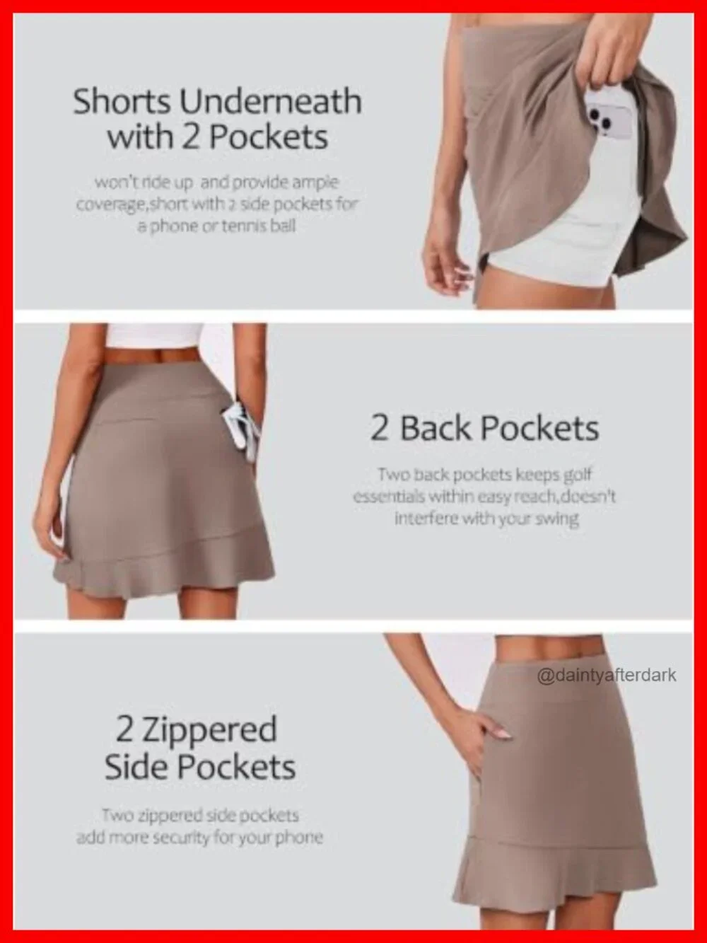 Golf Skort with 6 Pockets UPF 50+ 4-Way Stretch High Rise Ruffle Hem